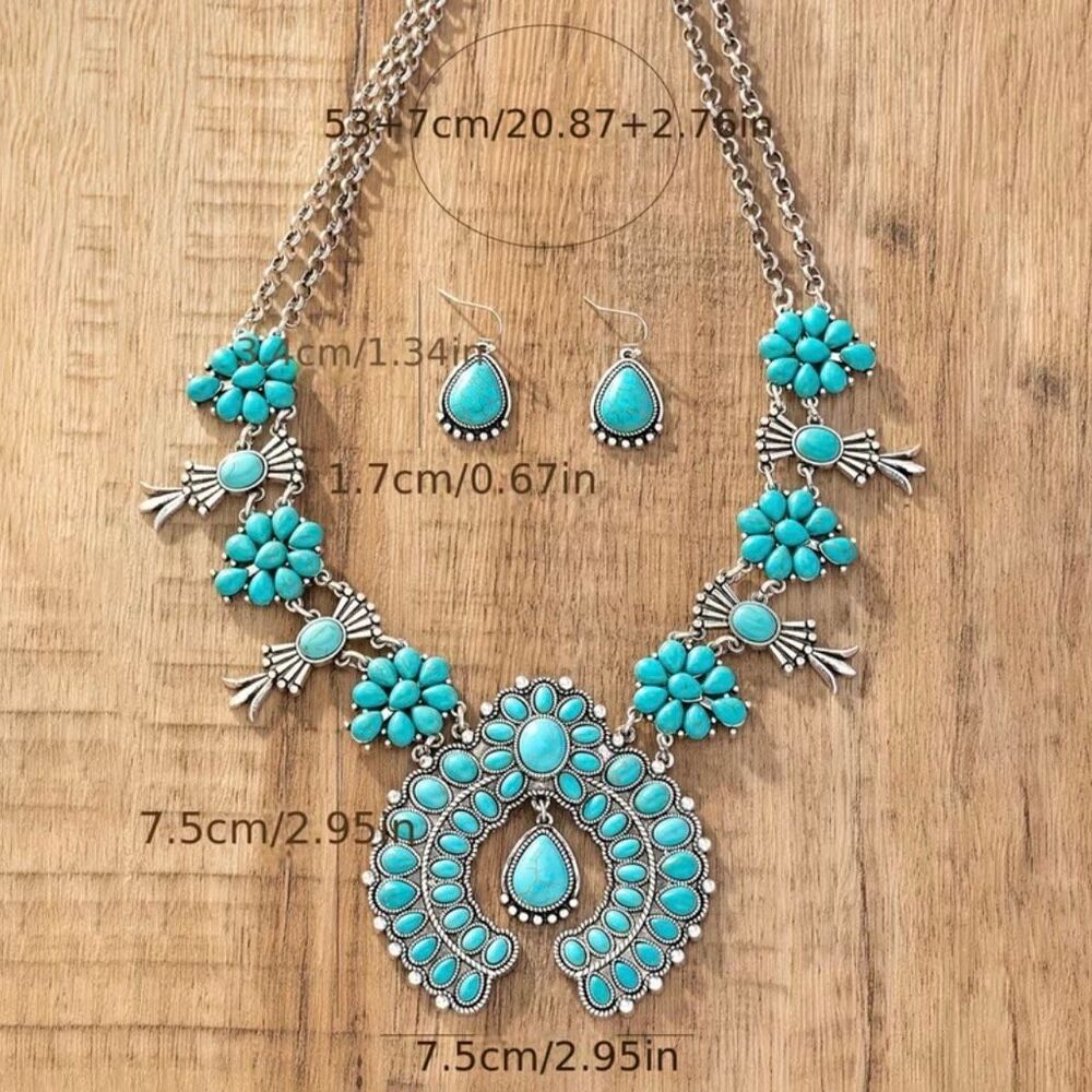 Southwestern Turquoise & Silver Necklace Set Naja Pendant Matching Earrings - Picture 4 of 5
